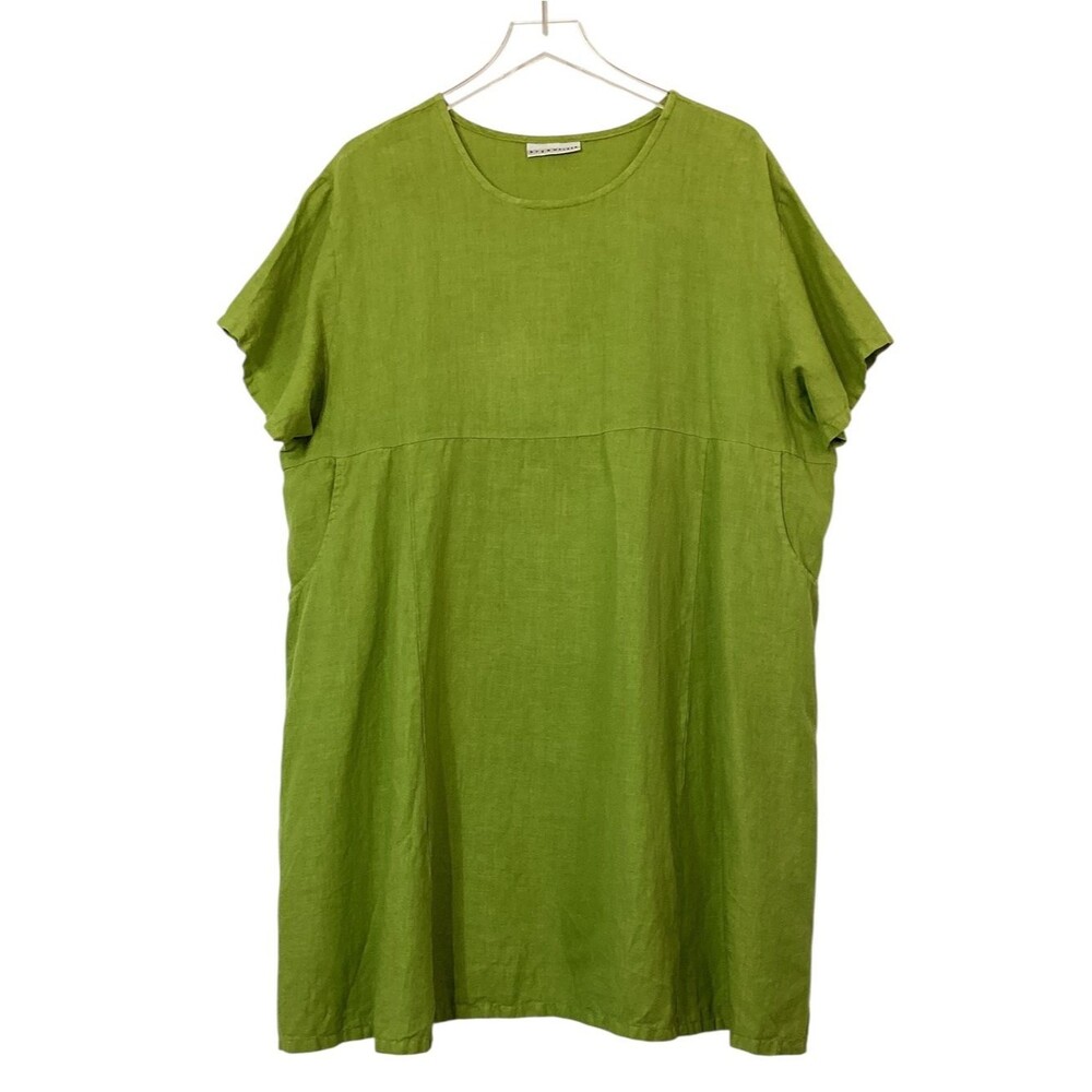 Bryn Walker Lime Green Linen Dress Size L Relaxed Knee Length Dress with Pockets